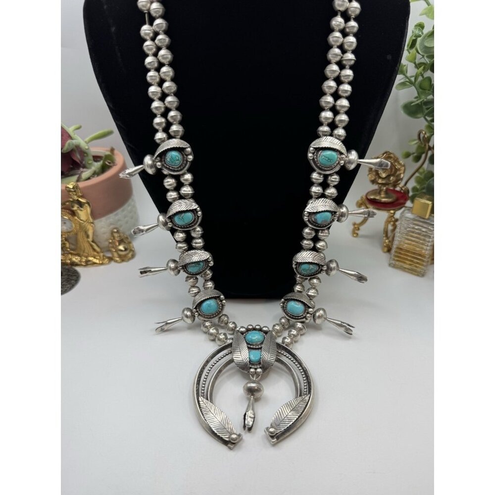 Vintage Navajo Squash Blossom Necklace Sterling Silver Turquoise Signed 32"